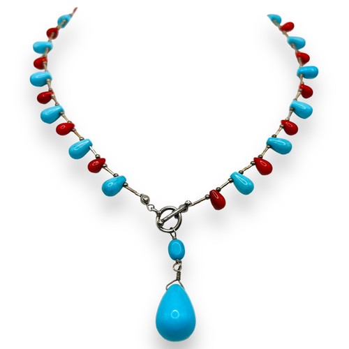 Southwest Sterling Silver Blue Turquoise Coral Bead Toggle Drop Necklace 16″ - Picture 5 of 7