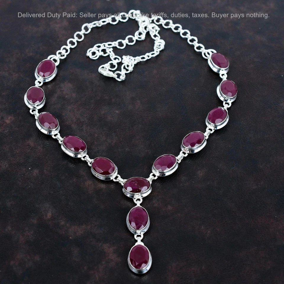 Faceted Kashmir Ruby Gemstone Necklace 925 Sterling Silver Adjustable Necklace - Image 3 of 4