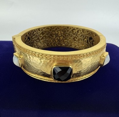 Julie Voss Catalina 24k Gold Plate Black Obsidian Mother of Pearl Hinge Bracelet