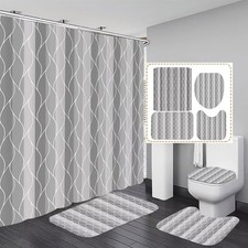4Pcs Grey Wave Lines Shower Curtain Set with Rugs - Stripe Bathroom Decor