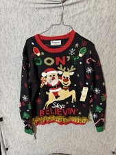 No Boundaries Women Don't Stop Believin Santa Reindeer Christmas Sweater M 8-10