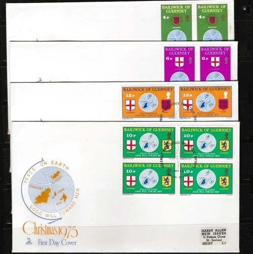 1¢ WONDER'S ~ GUERNSEY CHRISTMAS 1975 TOPICAL FDC C/S BLKS4 ALL SHOWN  ~ F52
