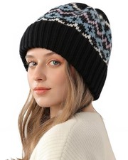 Winter Beanie Hat for Men Women Warm Knitted 1 Fair Isle Knit Patterns- Black