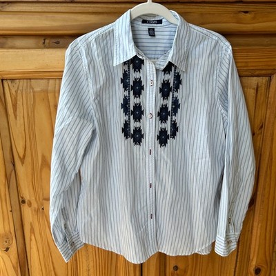 Chaps Top Button Up Aztec Pinstripe Blue White 100% Cotton Women Large