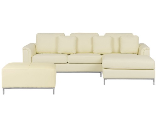 Beliani OSLO Pouf Ottoman En Cuir Véritable Beige - 95x71x46 Cm - Acier Inox Et Mousse