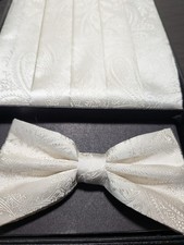 Vesuvio Napoli Men's Bow Tie  Cummerbund Set /Paisley, Ivory, NOS