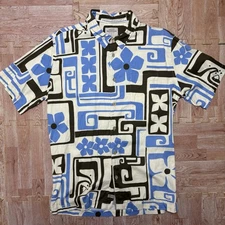 Quiksilver Waterman Collection Shirt L Tiki Camp Hawaiian White/Blue/Brown *Spot