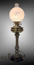 Antique/Vintage Oil Lamp Converted To Electric Brass With White And Blue Shade 