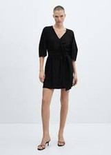 Black bow wrap belted half-sleeve short viscose dress Mango 10 BNWT £35.99