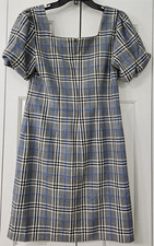 DKNY Blue Zippered Darted Plaid Pouf Sleeve Square Neck Above the Knee Sheath 4