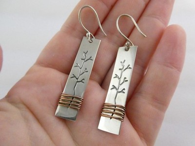 Mexico Sterling Silver Copper Wire Wrapped Tree Design Hook Earrings 5.1g 2.25In