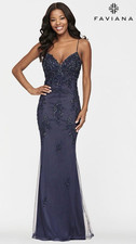 Faviana Formal Gown 16 Navy Blue Sequin Open Back Side Slit Prom Gala NEW $498