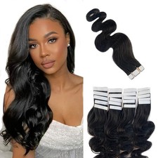 Body Wave Tape in Human Hair Extensions 1B Natural Black 22 Inch Real Hair