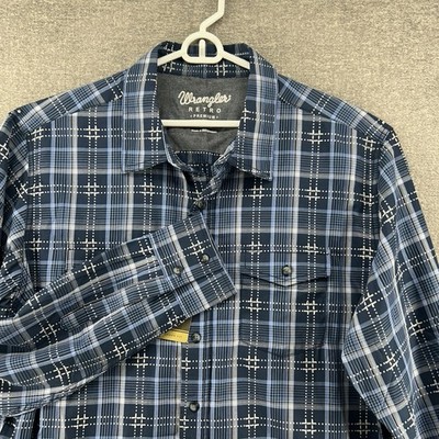 Wrangler Retro Premium Shirt Men Size XXL Blue Plaid Long Sleeve Button Up NEW