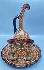Kaya Seramik Avanos Guray Turkish Pottery Pitcher, Serving Plate, 2 Goblets