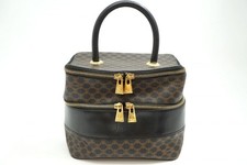 CELINE Vintage Macadam Vanity Handbag Triomphe PVC Leather Brown 6961h