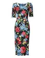 Dolce & Gabbana Black Floral Print Viscose Sheath Midi Women's Dress Authentic