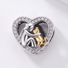 Cat Hug Heart Charm Bead Cat Mum Gift Gold Cat CZ Heart 925 Sterling Silver