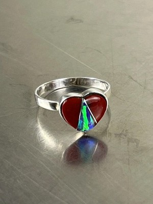 Zuni Sterling  Silver w Carnelian And Abalone Heart Ring SIZE : 3
