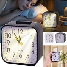Small Battery Operated Analog Travel Alarm Clock Silent No Ticking Lighted
