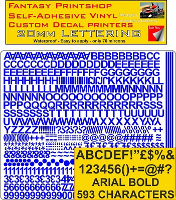RC Vinyl Sticker Aufkleber Ariel Buchstaben Zahlen 20MM Vor Schnitt FPRC805 Blau