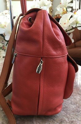 Valentina Orange Pebble Leather Backpack Bag Made In Italy  display picture 1