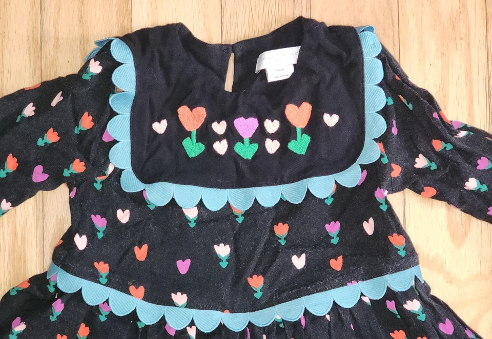 Stella McCartney Kids Folk Flower Print Embroidered Long Sleeve Black Dress 4T - Image 3 of 4