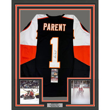 Framed Autographed/Signed Bernie Parent 35x39 Philadelphia Black Jersey JSA COA