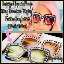 NEW Oversized Square Bling Rhinestone  Skylar  Fashion Sunglasses BLACK/YELLOW 