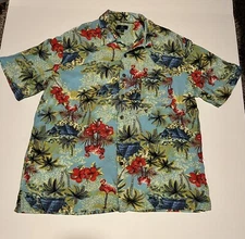 George Men’s Pink Flamingo Palm Tree Hut Tropical Short Sleeve Hawaiian XL Shirt
