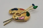 Vintage Artist Palette Brooch Large Pin Gold Tone Enamel Multicolor Paint