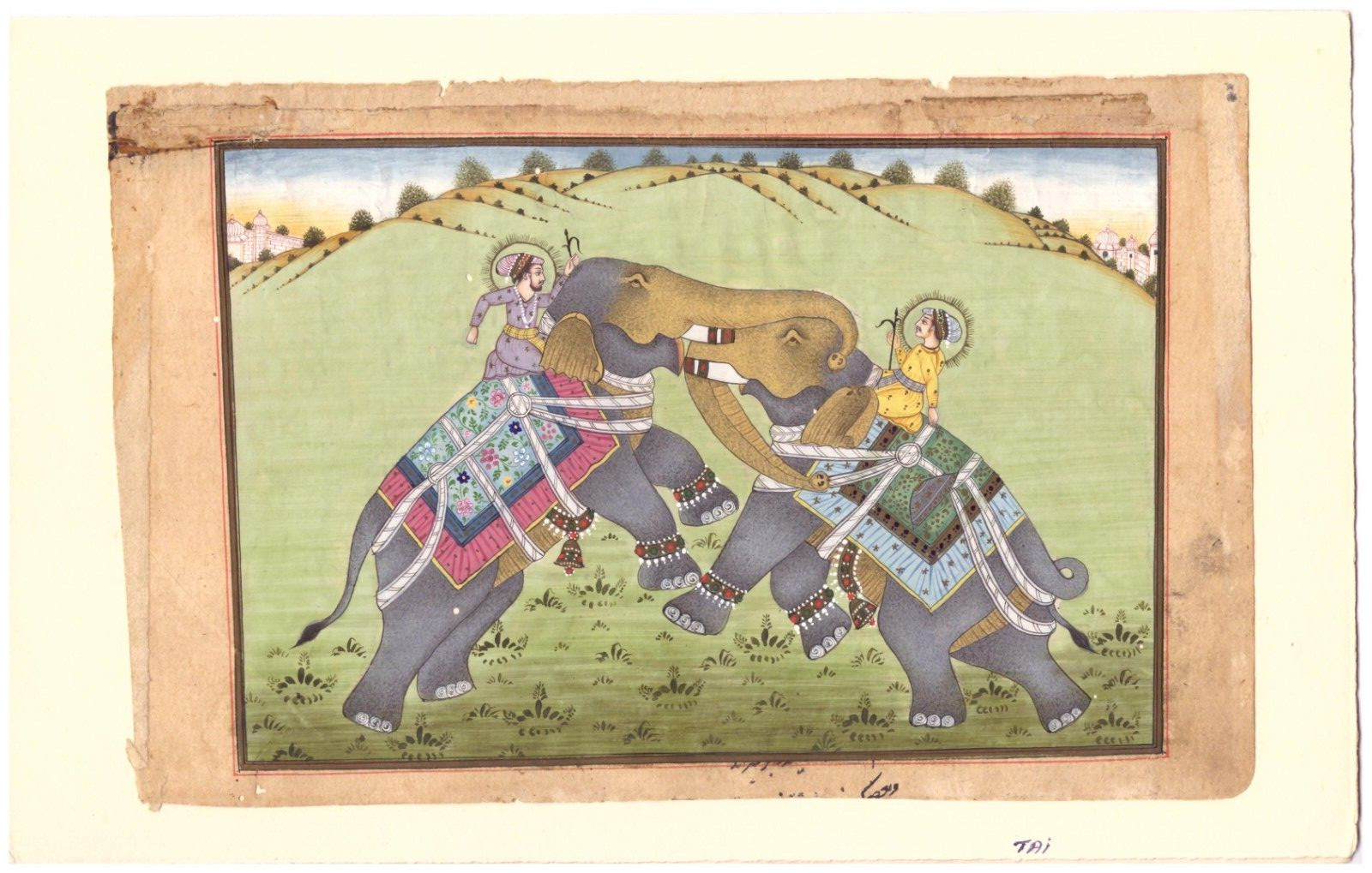 Indian animal miniature painting of elephant fight scene art 9.5x6lnches