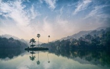 Landscape nature lake island forest reflection village Custom Gaming Mat Desk