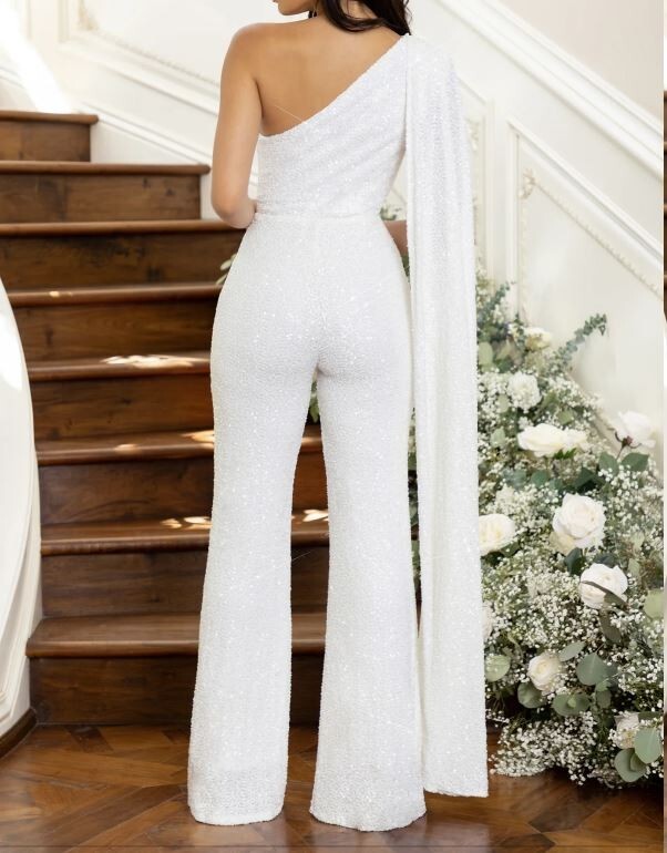 Sequin Jumpsuit With Cape Lyrical White Sequin Straight Leg