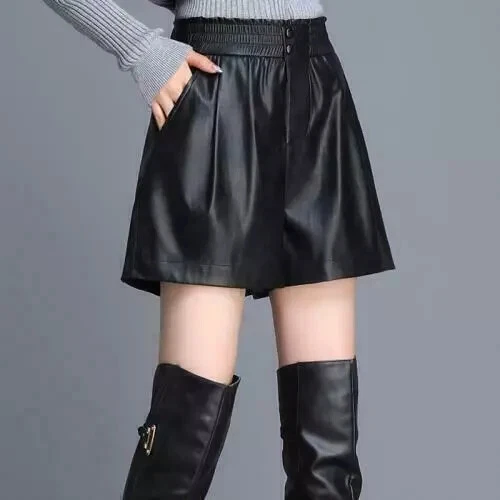 Pantalones Cortos de Piel de Cordero Elásticos Elegantes para Mujer Negros Hechos a Mano Genuinos Fiesta Foto 4 de 4