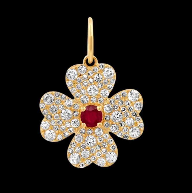 Four-Leaf Clover Diamond & Ruby Silver Charm Pendant - Handmade Jewelry Gift