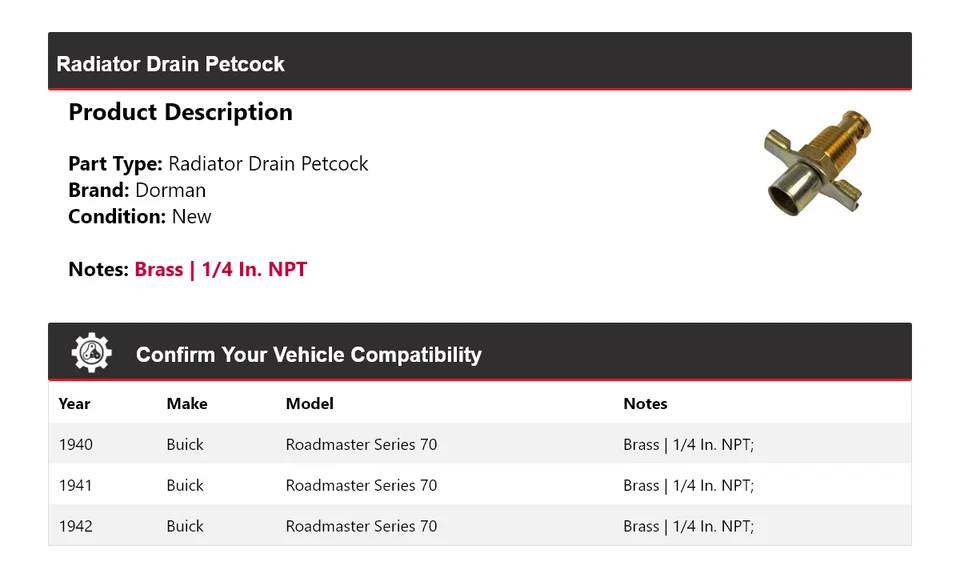 Para 1940-1942 Buick Roadmaster Serie 70 Dorman Radiador Drenaje Petcock 1941 Foto 2 de 4