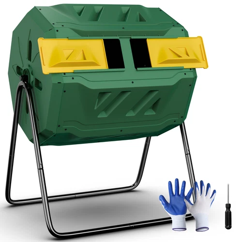 Compost Bin Outdoor Dual Chamber Composter 43 Gallon Large Compost Tumbler Green