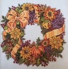 Cross Stitch "FALL WREATH" pattern ~ pumpkins, sunflowers, leaves, berries
