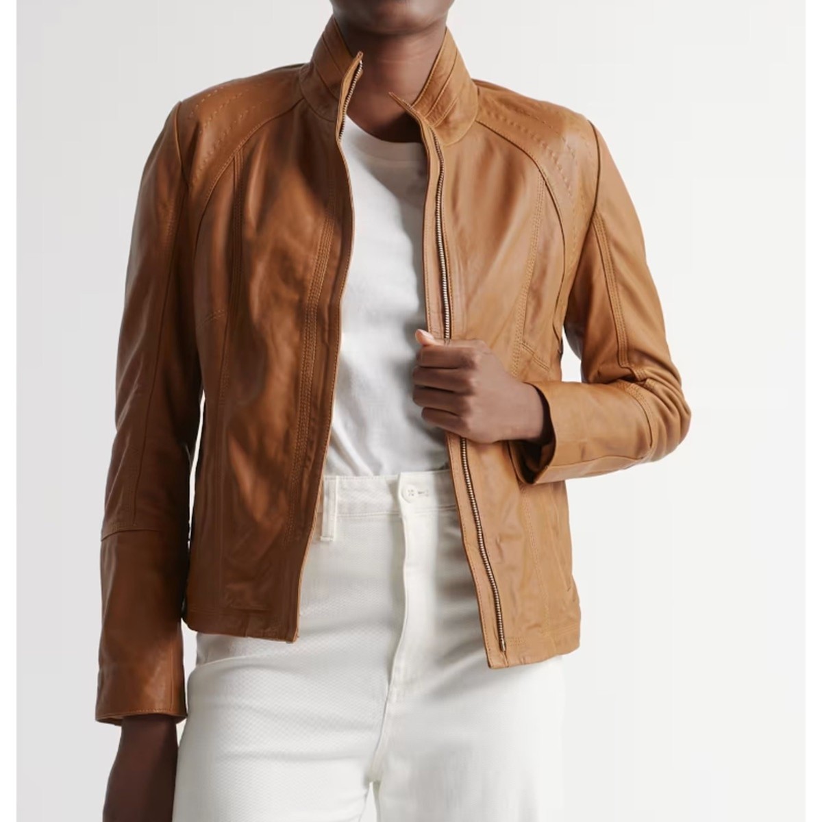 New Quince Women's Leather Stand Collar Jacket Cognac Brown Tan