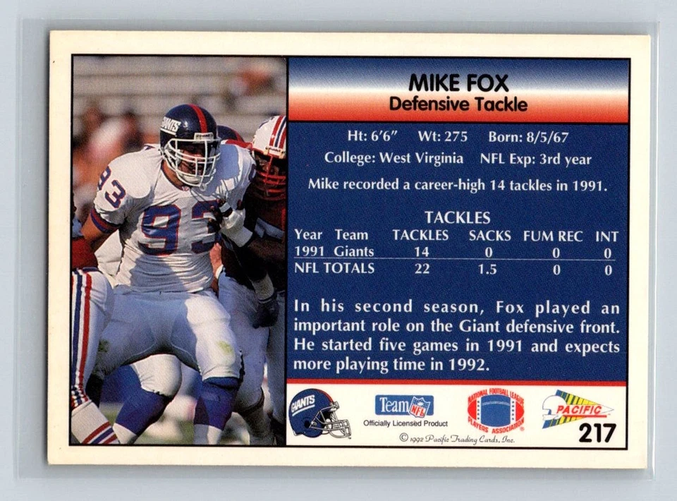 Mike Fox 1992 Pacific #217 New York Giants - Image 2 of 2