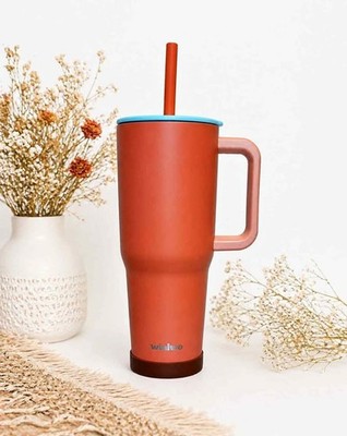 WINIWO 40oz Stainless Steel Tumbler Orange Insulated Handle Straw Silicon Bottom