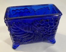 Cobalt Blue Glass Salt Cellar 3 1/4 Inches L x 2 1/2 Inches H with a Grape Motif