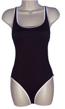 Women  s Black Ribbed Bodysuit Small Contrast Trim One Piece NWT