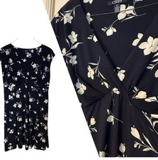 Chaps Navy & Cream Dress Babydoll Floral Cottagecore Backyard BBQ Stretch Sz 16W
