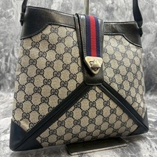 GUCCI Sherry Line GG Shoulder Bag Turn Lock Navy Beige Logo From Japan