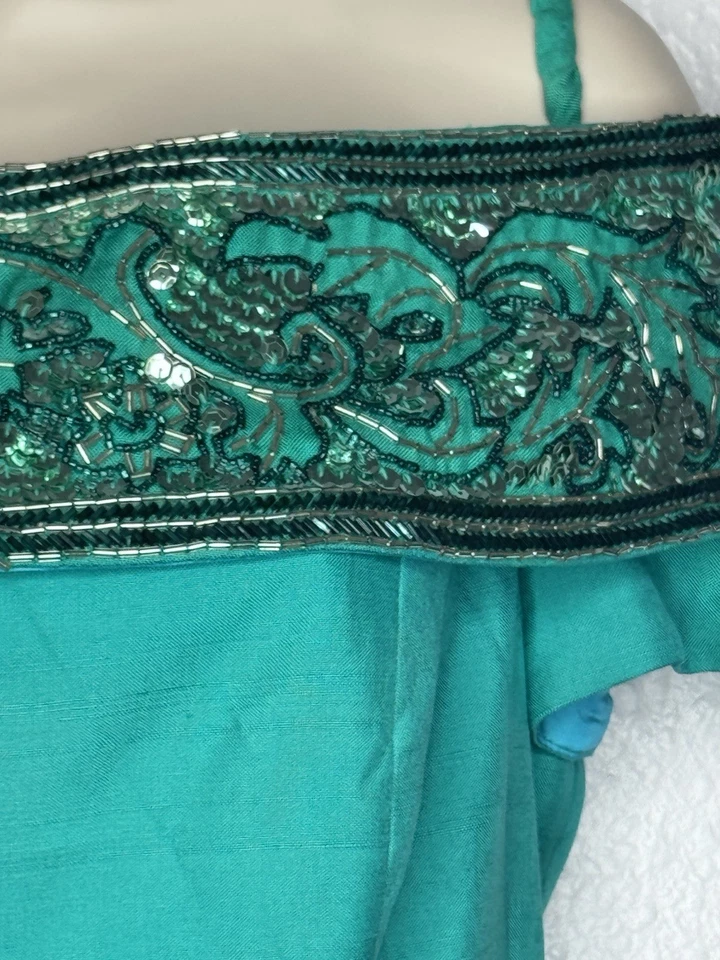 Vestido Lápiz AJ Bari Vintage Años 80 Fuera del Hombro Lentejuelas Espuma de Mar 100% Seda Talla 6 Foto 3 de 4