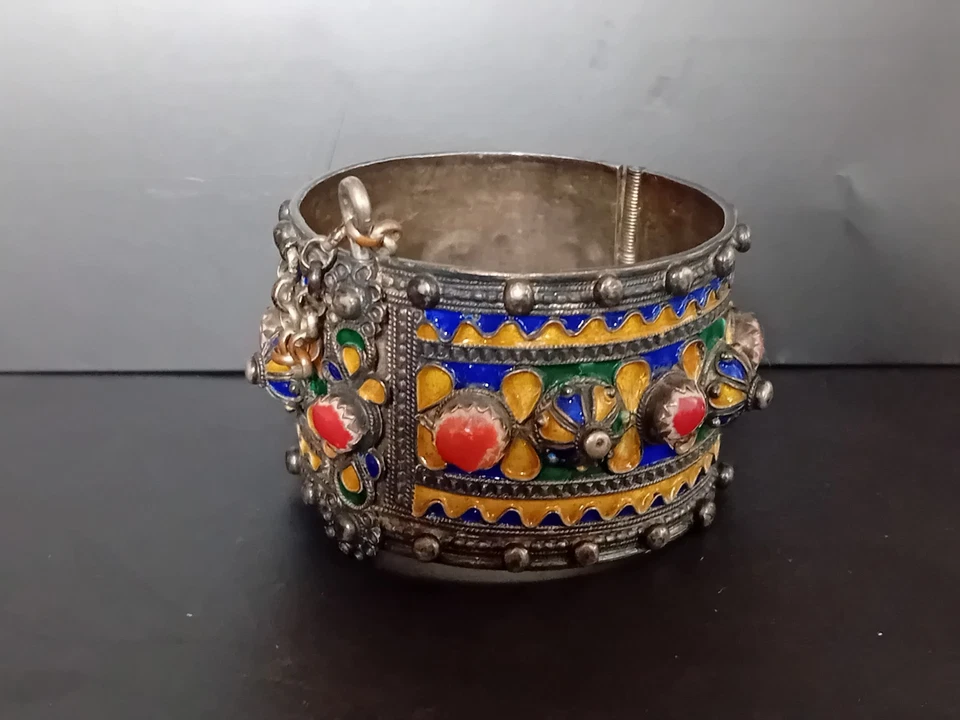 Bracelet berbère kabyle éthnique émaillé argent massif 19ème ethnic solid silver - Photo 3/4