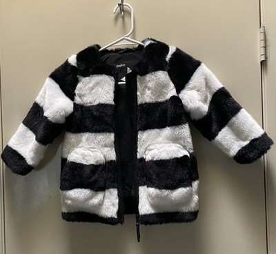 molo Girls Black White Striped Faux Fur Zip Coat Lined Mid-Length Size 104 