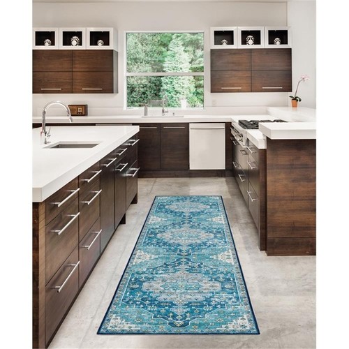 Linon Washable Madi Polyester 2'x8' Rug in Teal Blue - Picture 6 of 17